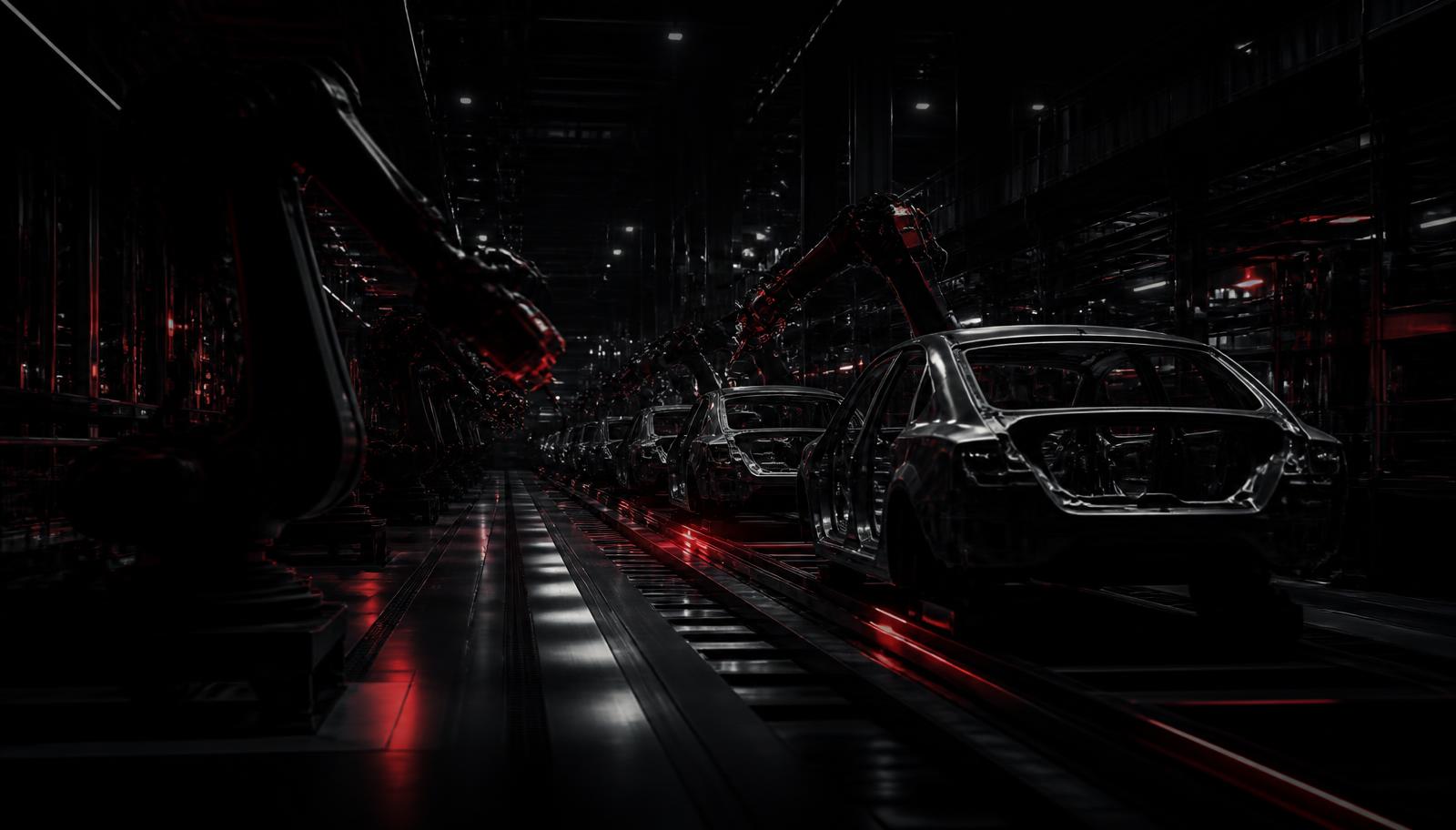 Linha de produção automotiva com braços robóticos e carrocerias em montagem