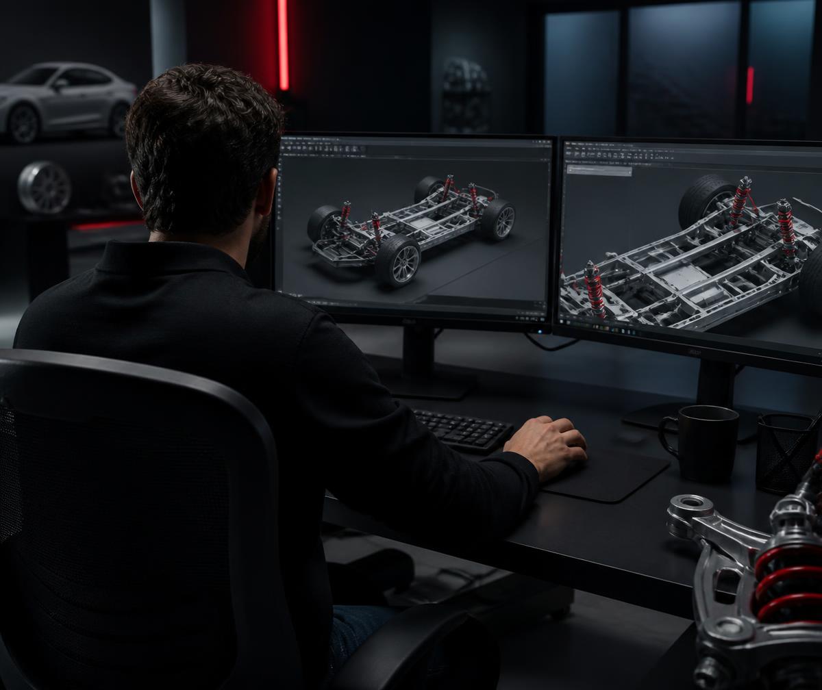 Profissional analisando um modelo CAD de chassi automotivo em dois monitores