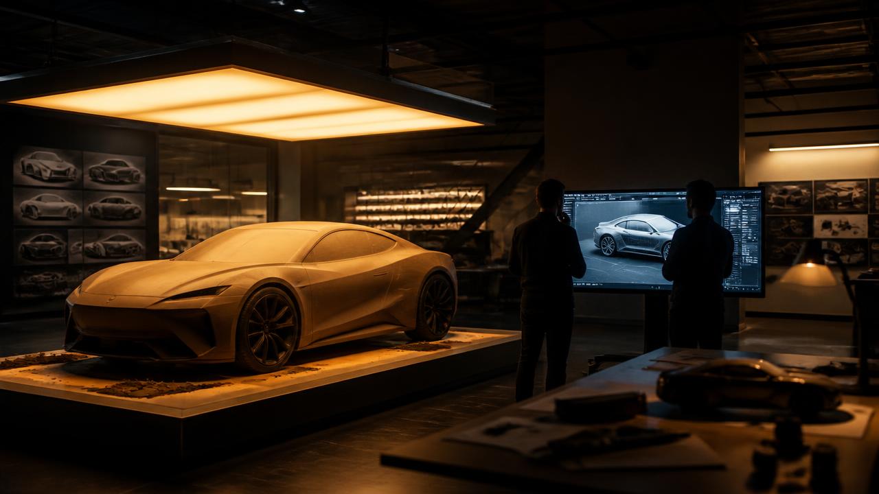Estúdio de design automotivo com modelo em clay e engenheiros analisando um projeto em CAD